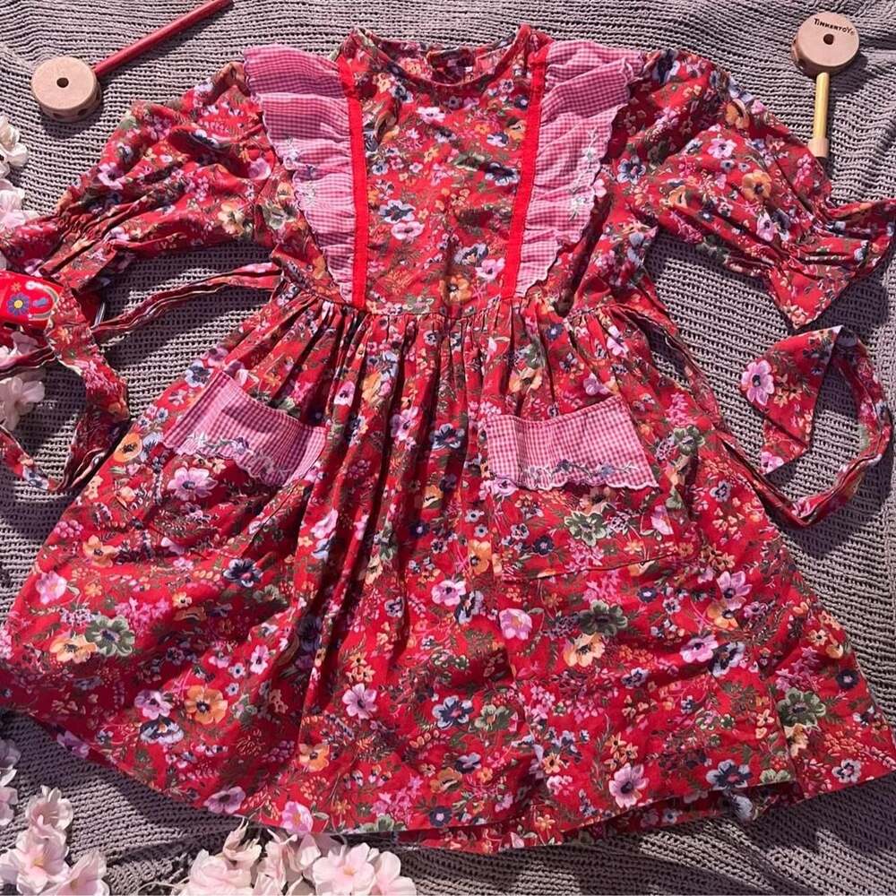 Vintage 1970s Handmade Toddler Red Floral Smock Dress